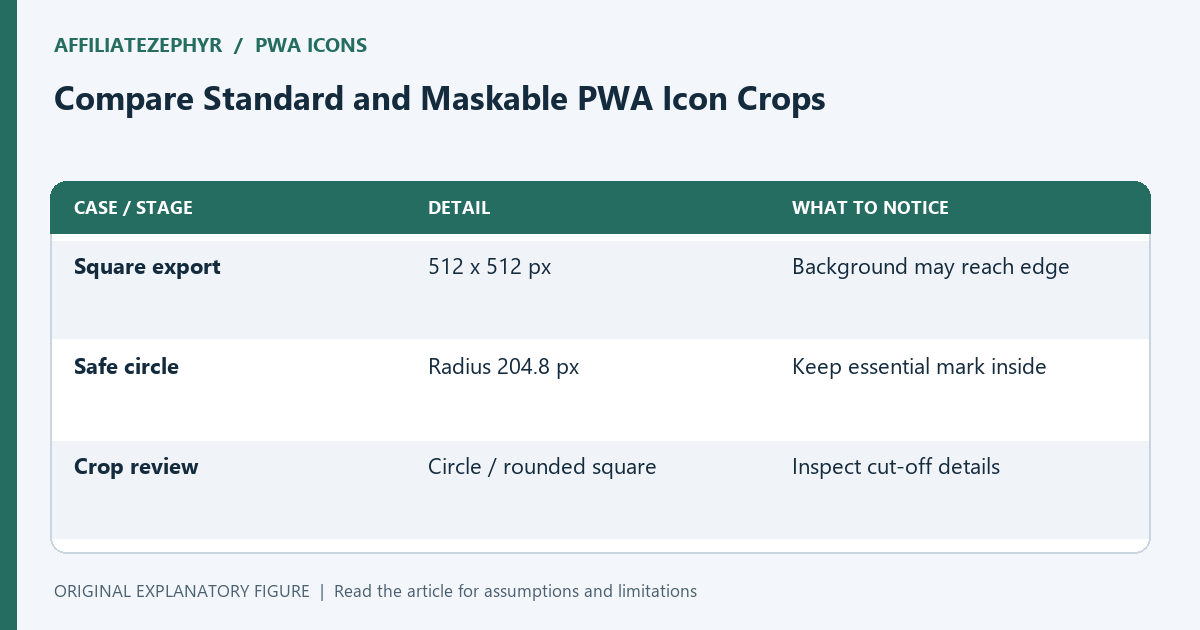 For a 512-pixel maskable icon, the central safe-area circle has a radius of 204.8 pixels.