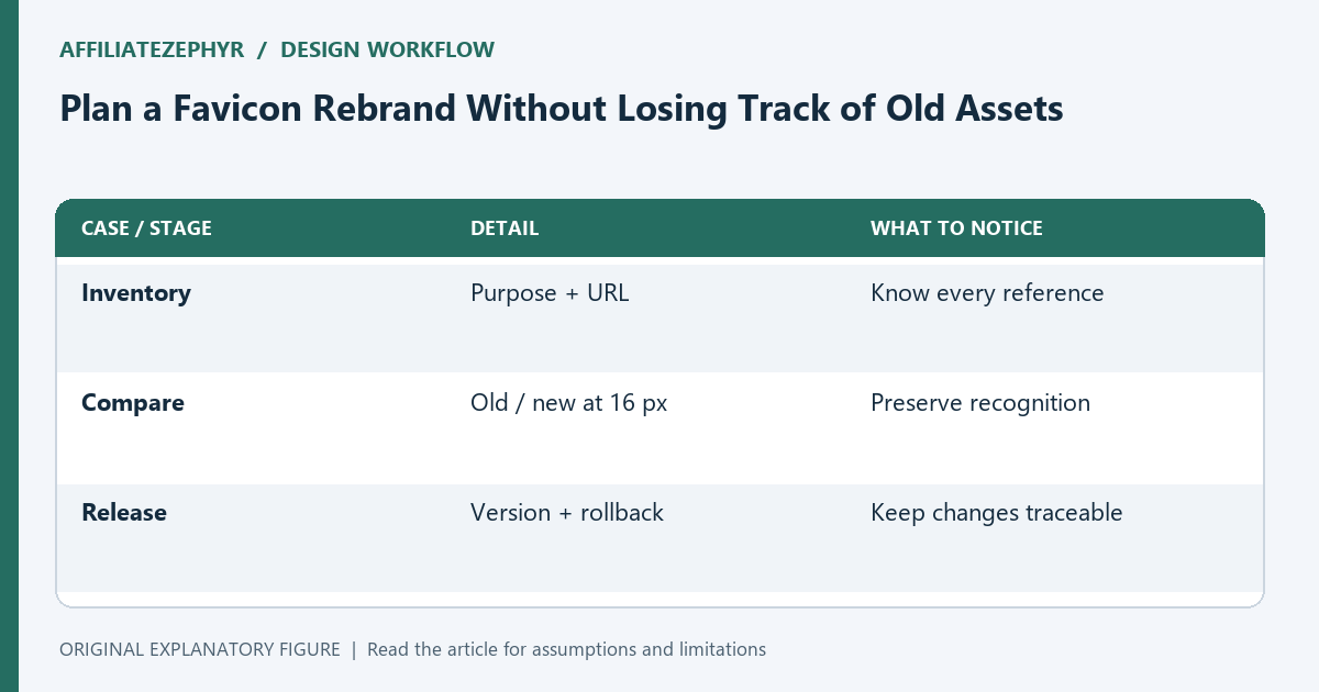 An icon rebrand moves from an asset map to a size comparison and a reversible release.