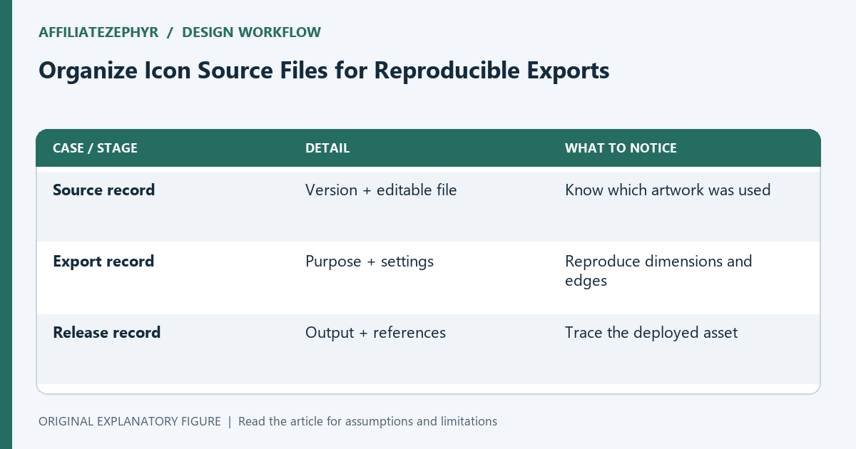 A reproducible icon export connects editable artwork, purpose-specific settings, and deployed references.