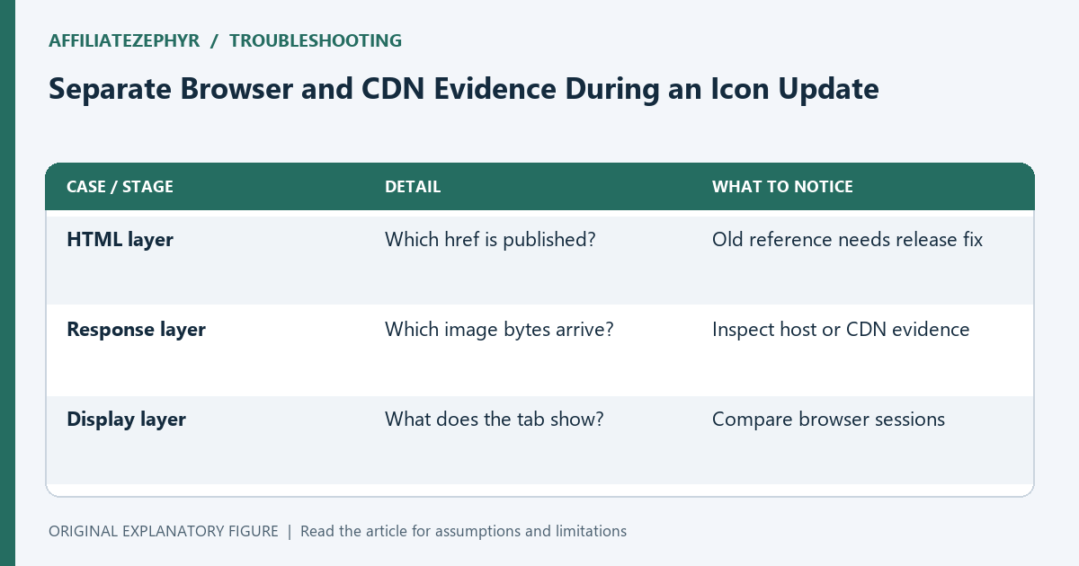 Published references, delivered bytes, and tab display are separate observations in a favicon-cache investigation.
